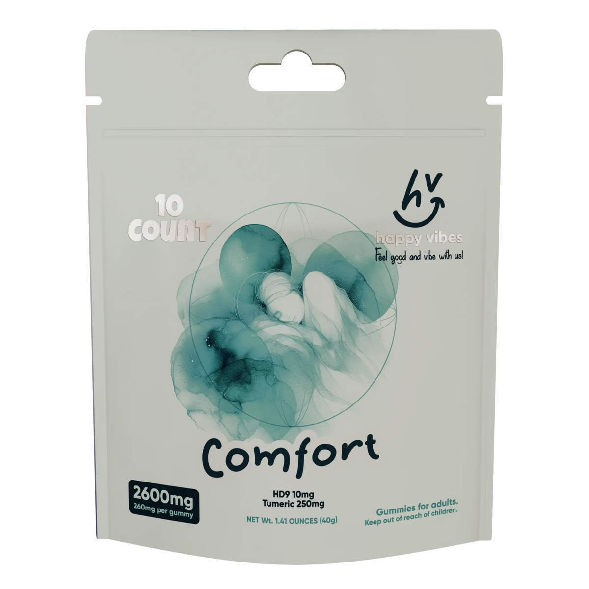 Comfort Delta-9 THC gummies 10-count package, federally compliant hemp with turmeric for deep relaxation