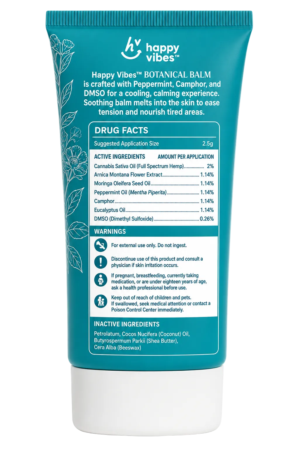 Happy Vibes Botanical Balm front of tube with botanical illustration, 1.7 oz hemp arnica camphor topical