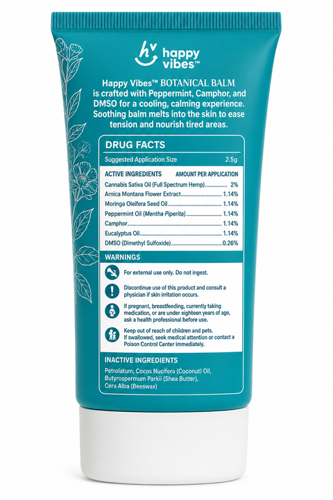 Happy Vibes Botanical Balm front of tube with botanical illustration, 1.7 oz hemp arnica camphor topical