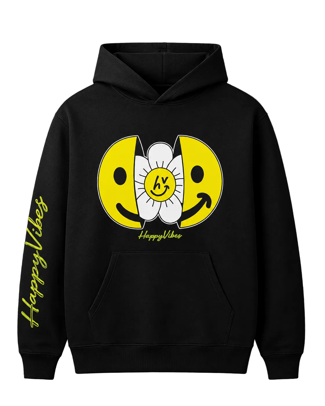 Person wearing a smile hoodie with a cheerful smiley face and happy vibes message promoting positivity and warmth