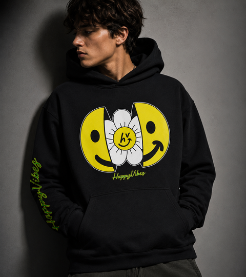 Person wearing Smile Hoodie featuring cheerful smiley face and positive message