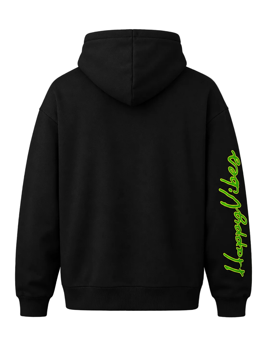 Person wearing a Smile Hoodie featuring a cheerful smiley face and positive message, spreading warmth and happy vibes