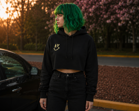 HV Original Hoodie with happy vibes message and smiley face promoting positivity and comfort