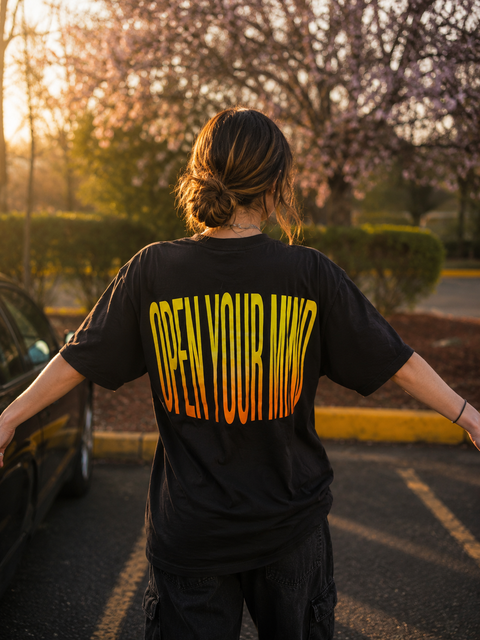 Open Your Mind T-shirt with inspirational message promoting curiosity and growth in soft cotton fabric