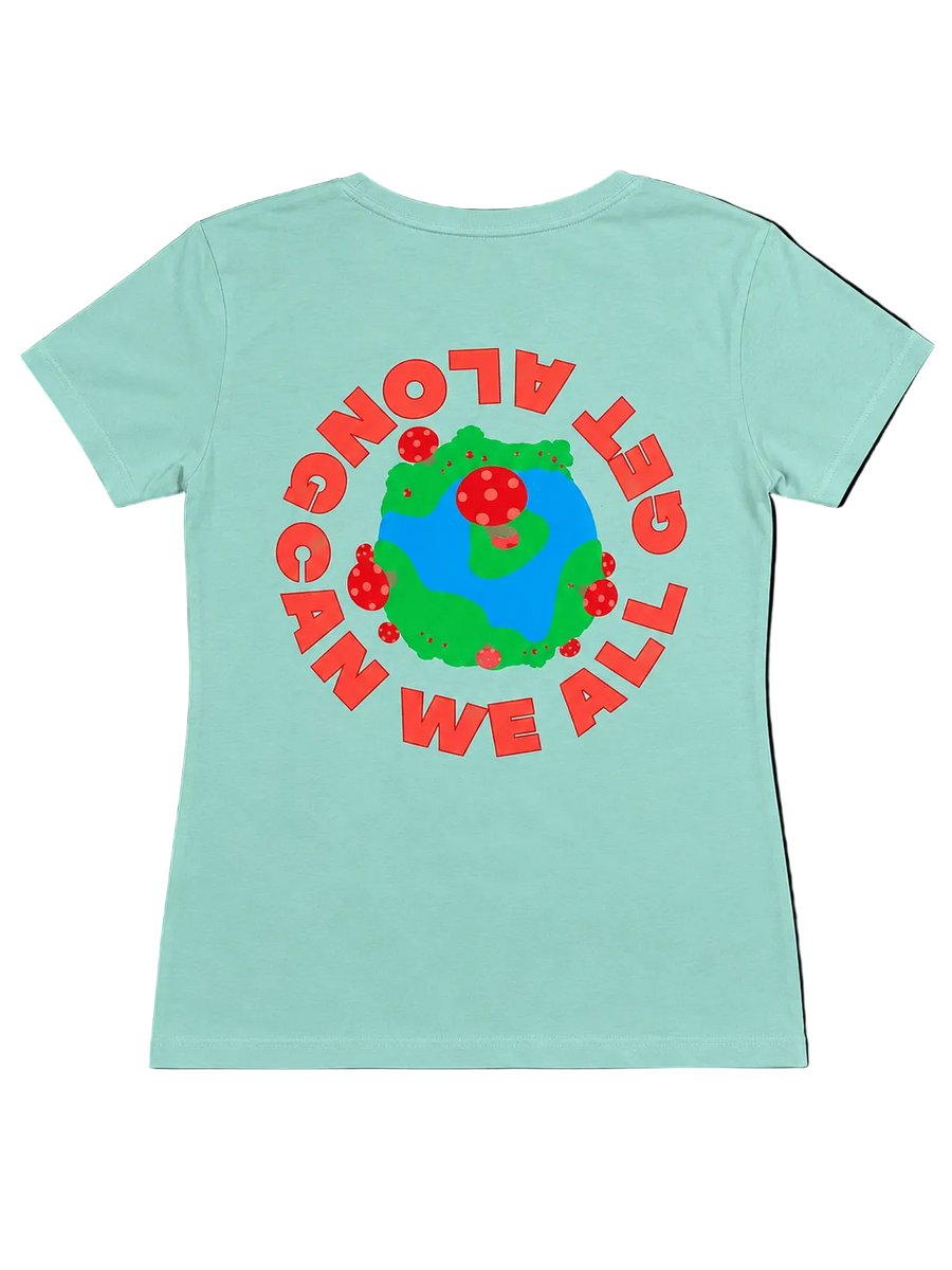 We Can All Get Along t-shirt with vibrant Earth and mushroom design promoting unity and positivity