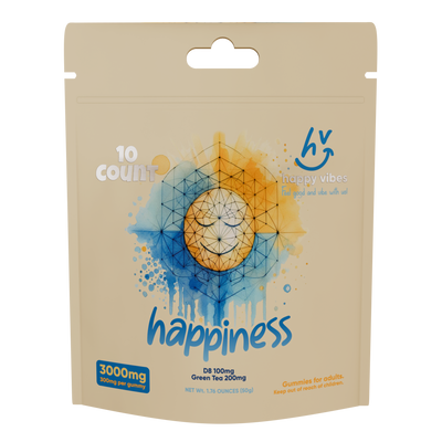 Bright and colorful Happy Vibes D8 Gummies with Delta 8 THC and green tea for uplifting energy and euphoria