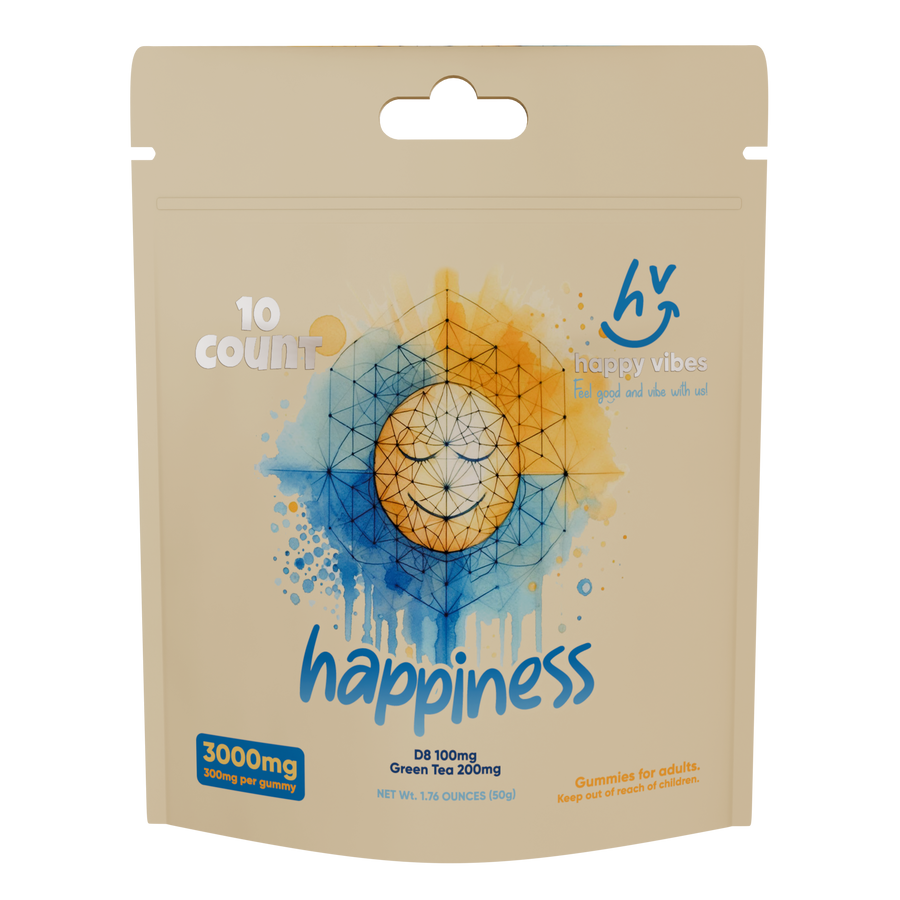 Bright and colorful Happy Vibes D8 Gummies with Delta 8 THC and green tea for uplifting energy and euphoria