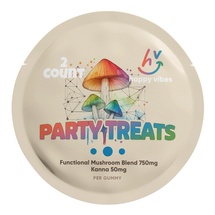 Party Treats functional mushroom and kanna gummies front package for social mood boost