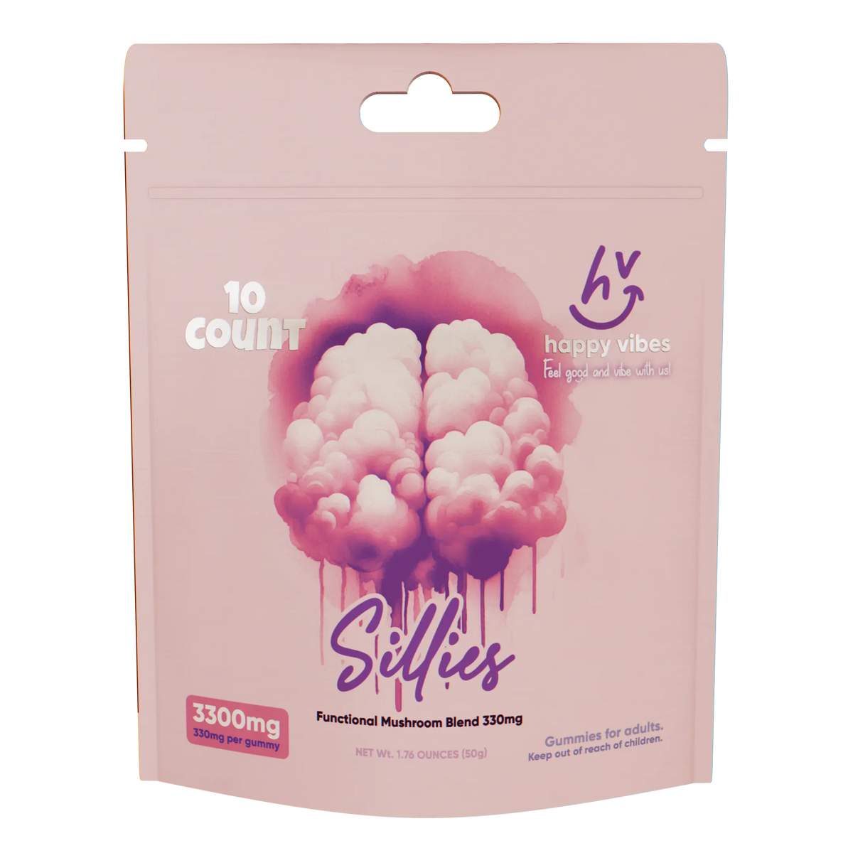 Sillies amanita mushroom gummies 10-count package, psilocybin-free for euphoric happy moods