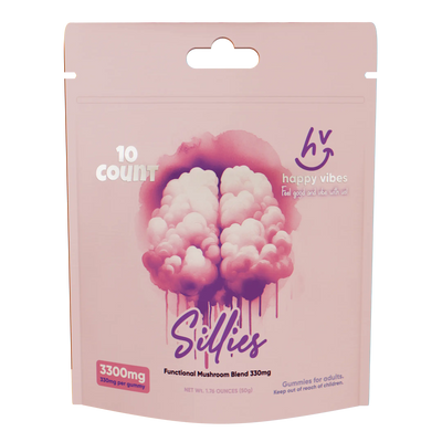 Sillies amanita mushroom gummies 10-count package, psilocybin-free for euphoric happy moods
