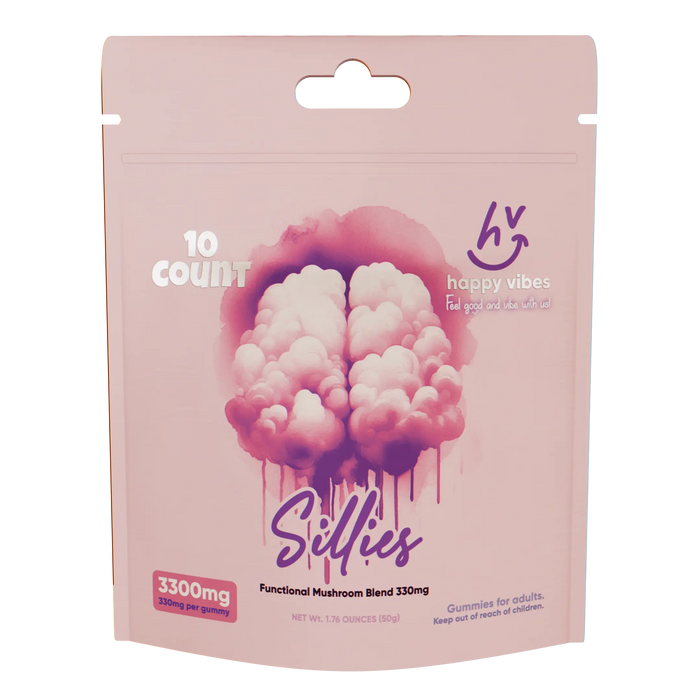 Sillies amanita mushroom gummies 10-count package, psilocybin-free for euphoric happy moods