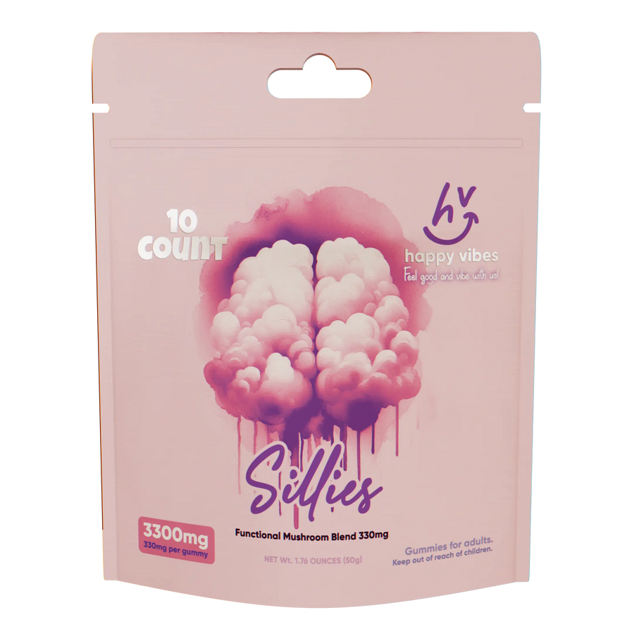 Sillies amanita mushroom gummies 10-count package, psilocybin-free for euphoric happy moods