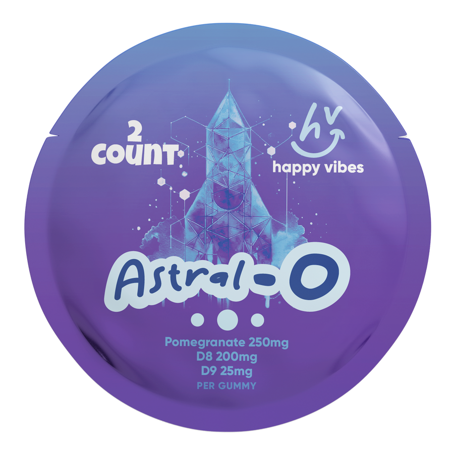 Astral-O hemp gummies front of package with Delta 8 and Delta 9 pomegranate flavor