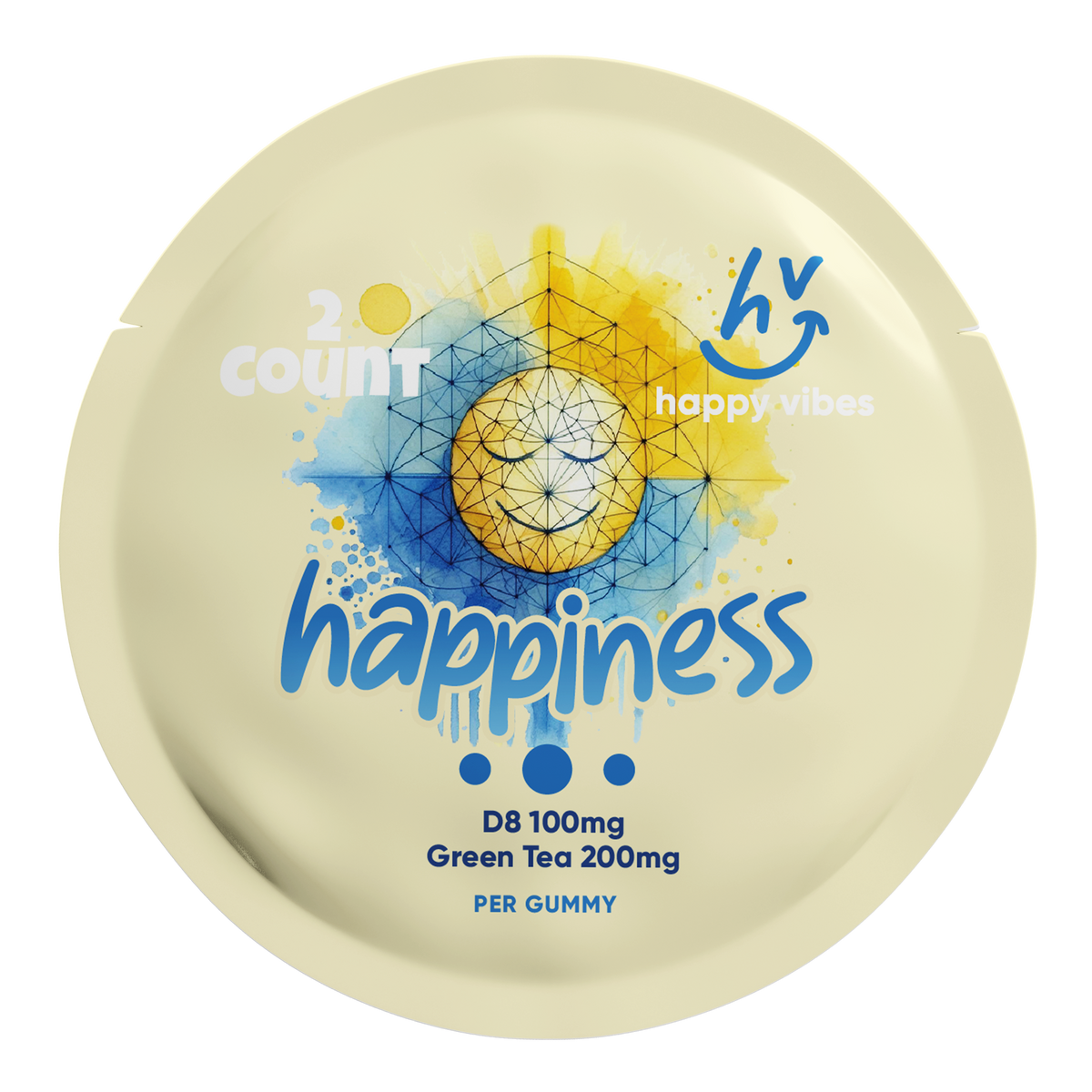 Bright and bubbly Happy Vibes D8 Gummies infused with Delta 8 THC and green tea for uplifting energy and euphoria