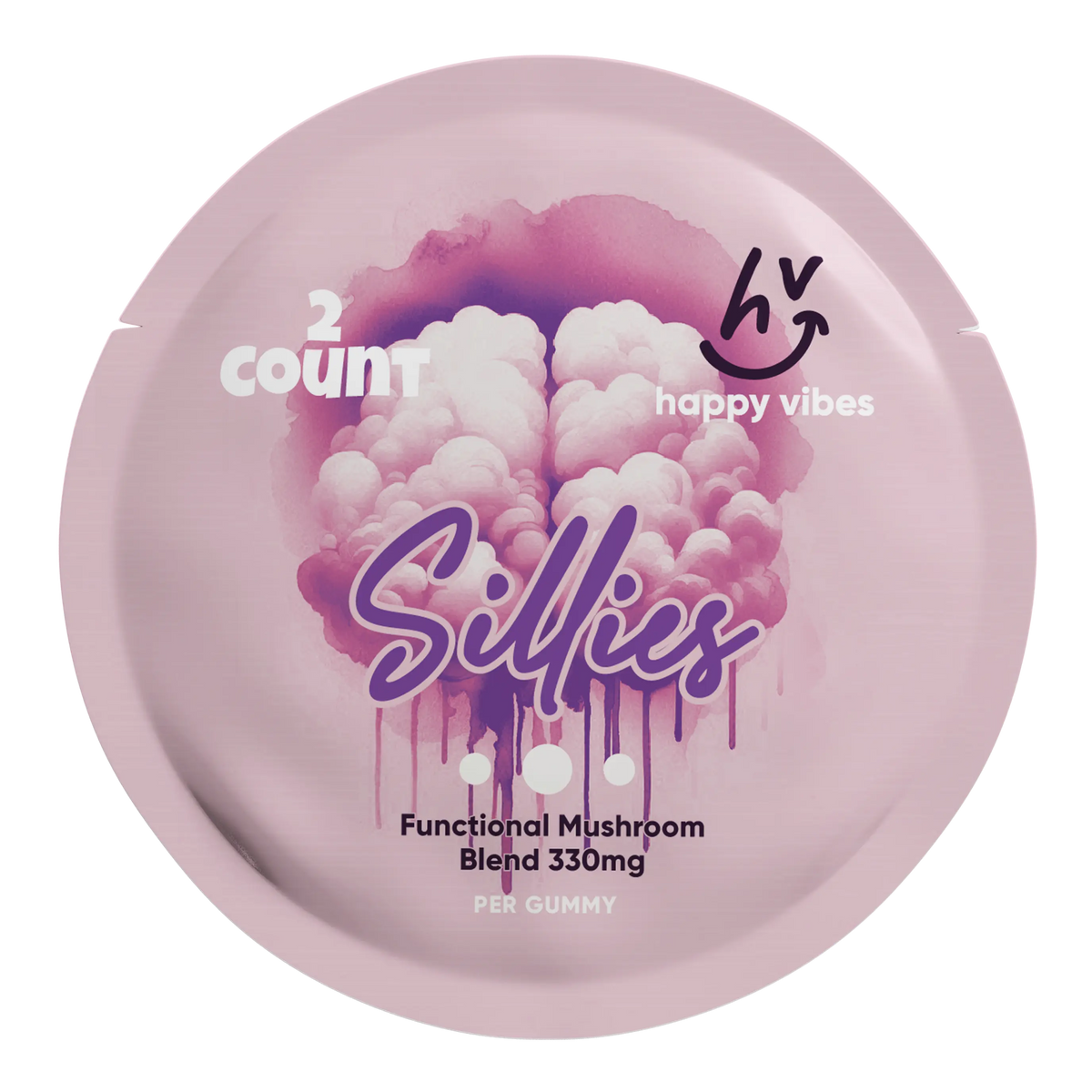 Sillies amanita and functional mushroom gummies front of package, 330mg blend, lab tested