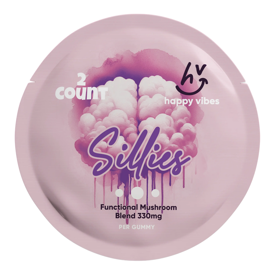 Sillies amanita and functional mushroom gummies front of package, 330mg blend, lab tested